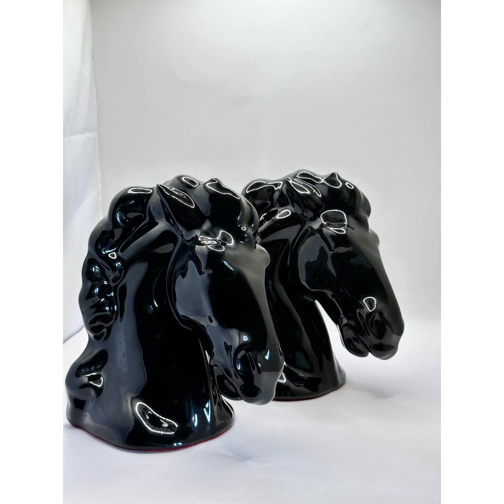 Mid Century Modern Glossy Ceramic Black Horse Head Bookends